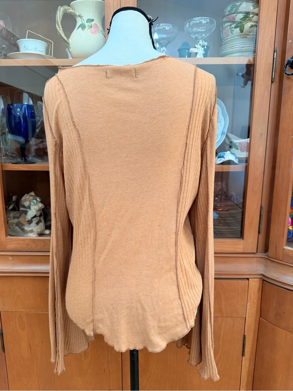 We the Free tan scoop neck knit blouse bell sleeves
